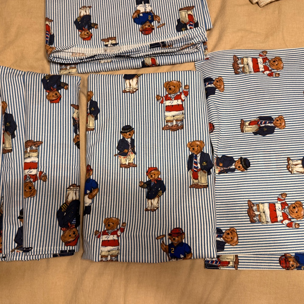 Ralph Lauren Blue and White Striped Teddy Bear Table Linens